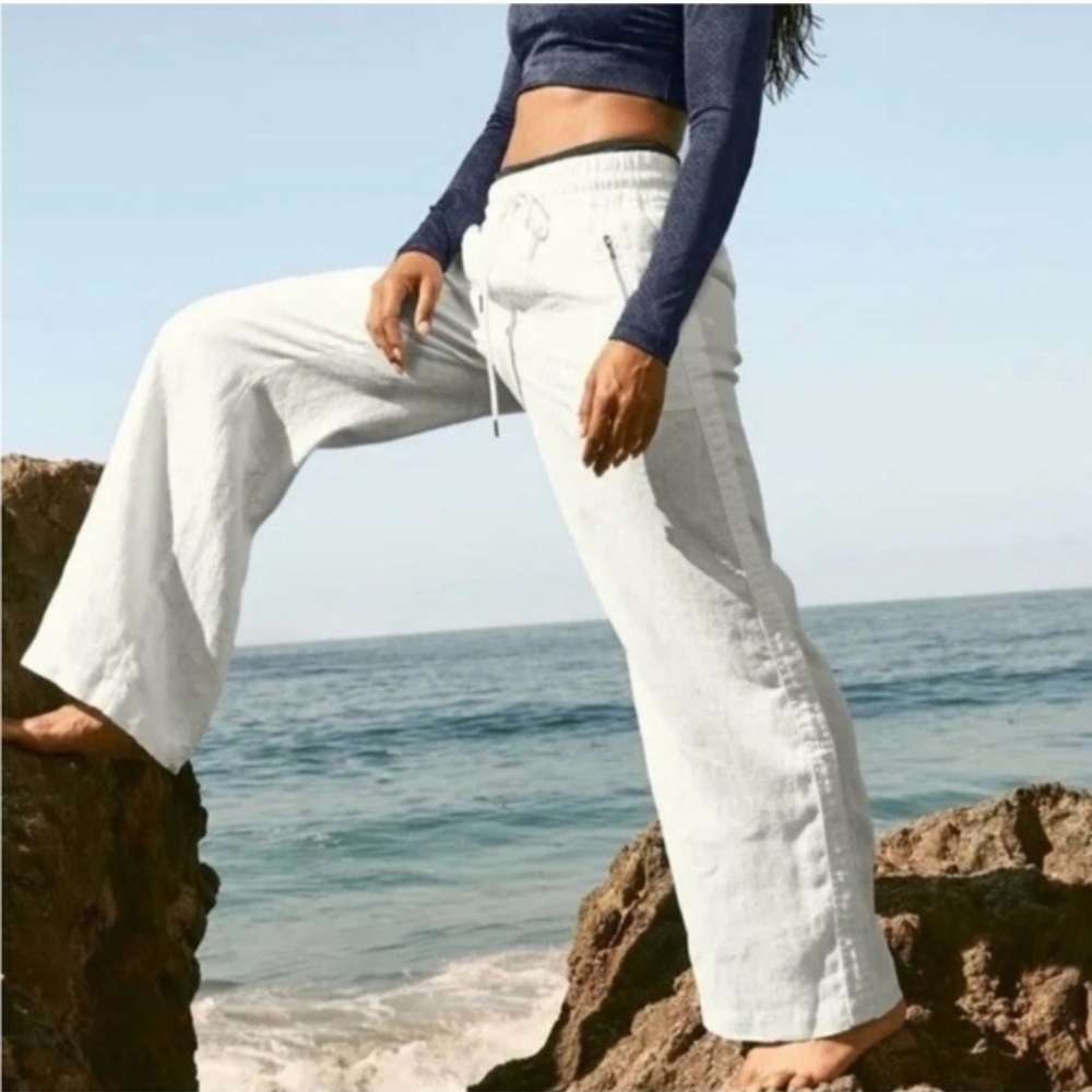 Athleta Cabo 100% Linen Wide Leg Pants Elastic waist Zip pockets, White, size 0 - Picture 3 of 15
